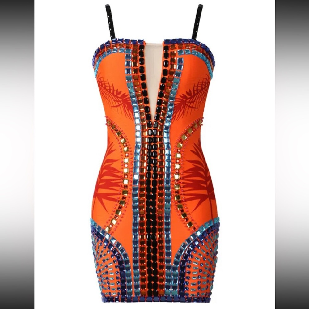 Orange Bodycon Dress Colorful Jewels Small